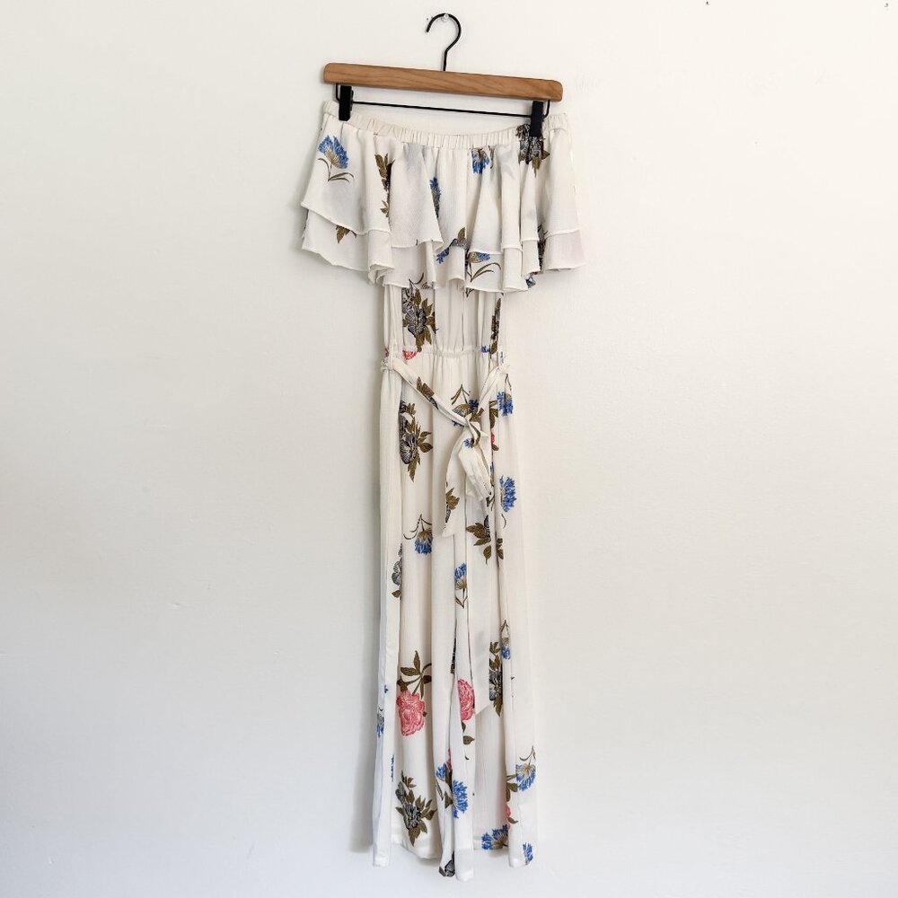 Sadie & Sage // white off the shoulder ruffle wide leg floral jumpsuit / XS